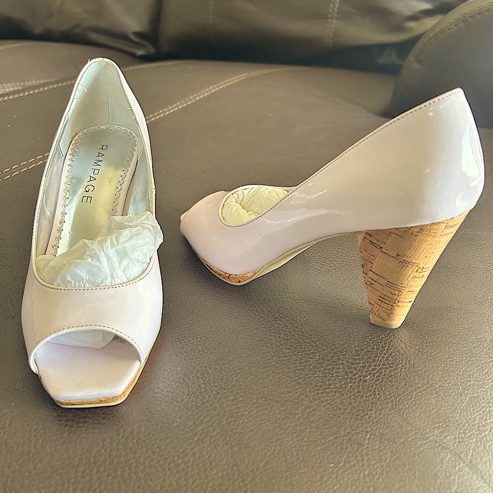 Beautiful powder pink cork glazed high heel shoe by Rampage with peekaboo toes.